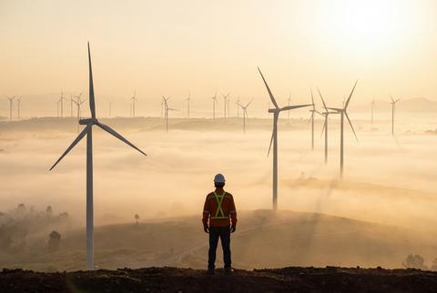 Engineer Standing Before Wind Turbines in Morning Mist at Renewable Energy Farm