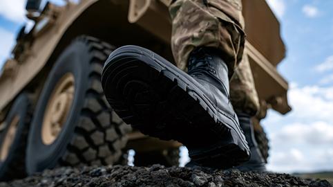 Soldier stepping with military boot near armored vehicle
