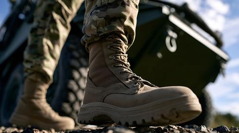 Soldier wearing tactical boots and camouflage uniform walking