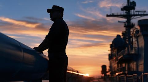 Military sailor standing on ship deck at sunset