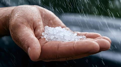 Hand catching hail pellets during a severe storm