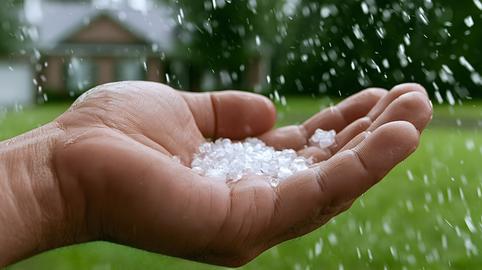 Hand catching hail during a spring storm in the garden
