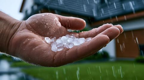 Hand catching hailstones during heavy summer storm
