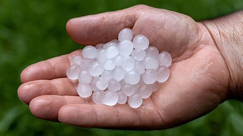 Hand holding hailstones after summer storm