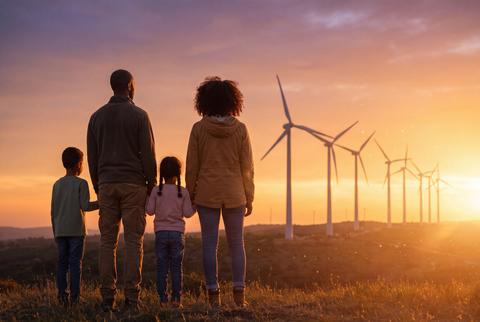 Family Standing Together Watching Wind Turbines at Sunset for Clean Energy