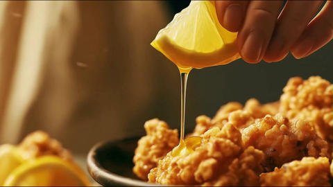 A woman's hands squeezing fresh lemon over Japanese-style fried chicken (karaage)