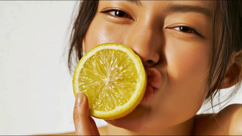 Close-up of a Japanese woman making a sour face while holding a lemon slice (white background)