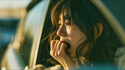 Profile of a Japanese woman looking distressed by the window due to car sickness; a young