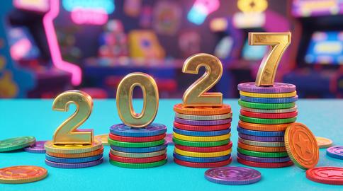 Golden 2027 Numbers on Ascending Stacks of Colorful Arcade Tokens