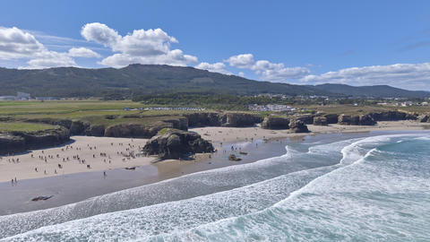 Aerial view of Praia das Catedrais beach on Atlantic coast Spain