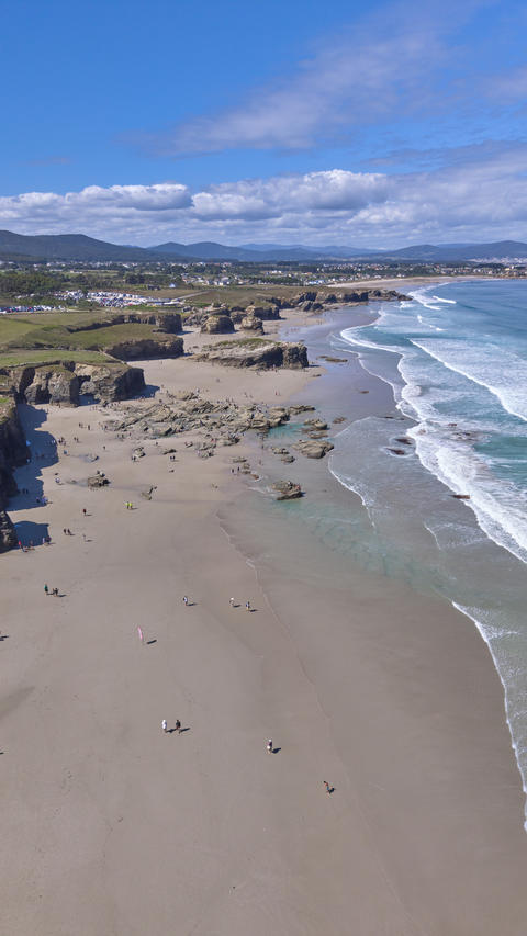 Aerial view of Praia das Catedrais beach on Atlantic coast Spain