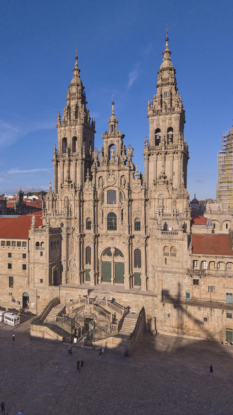 Front aerial view of Santiago de Compostela Cathedral facade Spain