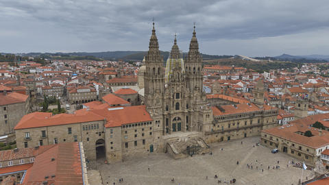 Front aerial view of Santiago de Compostela Cathedral facade Spain