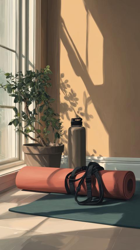 Sunlit home yoga corner with a rolled mat, water bottle, and leafy indoor plant