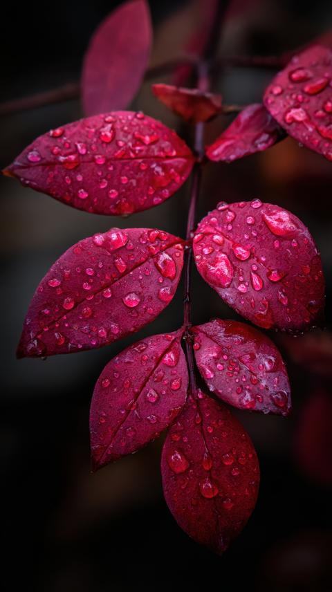 Rain-wet burgundy leaves with bright water droplets in a dramatic close-up