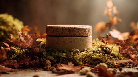 Rustic round stone container with a fitted lid resting on moss among fallen autumn leaves