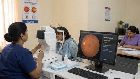 Patient receives retinal screening with an ophthalmic camera in a community eye clinic
