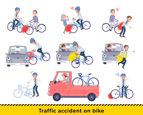 A set of middle aged men in white jackets in a bicycle accident