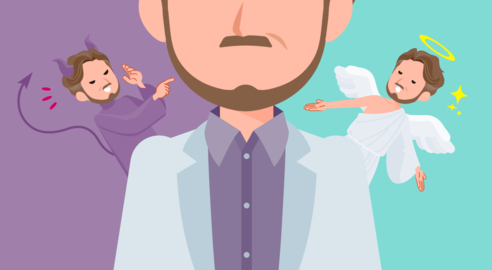 A set of middle aged men in white jackets struggling between an angel and a devil