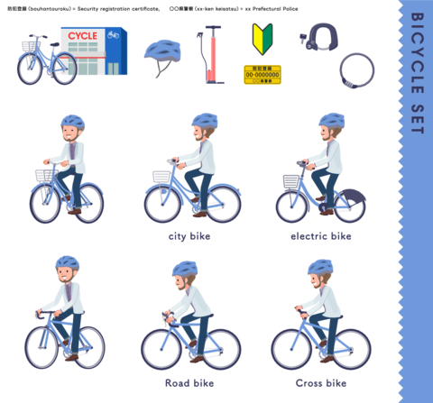 A set of middle aged men in white jackets riding various bicycles