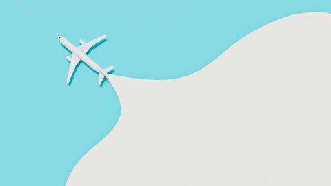 3D Illustration of White Airplane on Turquoise and Gray Wave Background for