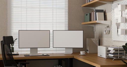3D Illustration of Modern Dual Monitor Home Office Workspace with Wooden Desk