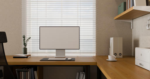 3D Illustration of a Modern Minimal Home Office Workspace with Computer Monitor