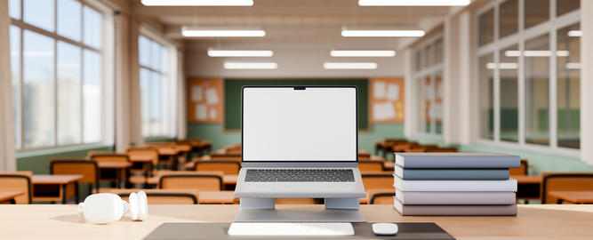 3D Illustration of Laptop with Blank Screen on Teacher's Desk in Modern Empty