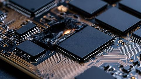 Burnt computer chip glowing on a damaged motherboard
