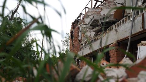 View to destroyed residential buildings at Kharkivska oblast. Ruined houses after bomb attacks on uk