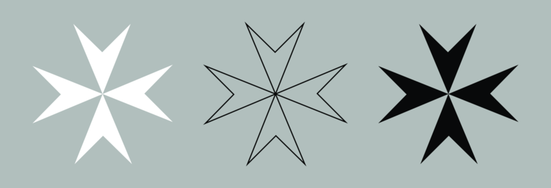 Maltese cross white, black, black contour outline symbol from civil flag of Malta badge, button. Set
