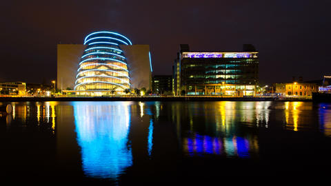 4K. Modern Office Buildings reflected in water. Dublin, Ireland