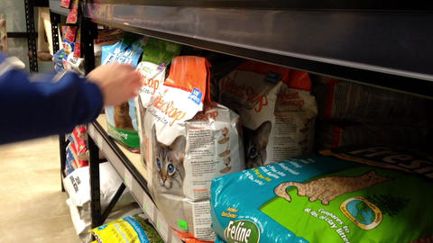 Man buying cat litter at pet store