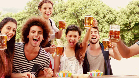 In slow motion pretty oktoberfest girl serving friends