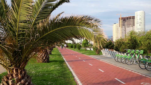 Cycling on bicycle lane. Seaside promenade in Batumi, Georgia