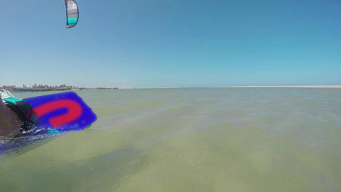 CLOSE UP: Kiteboarding riding fast on super flat water