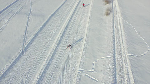 AERIAL: People cross-country skiing in winter