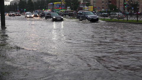 Heavy rain, flood, element in Petersburg. 4K